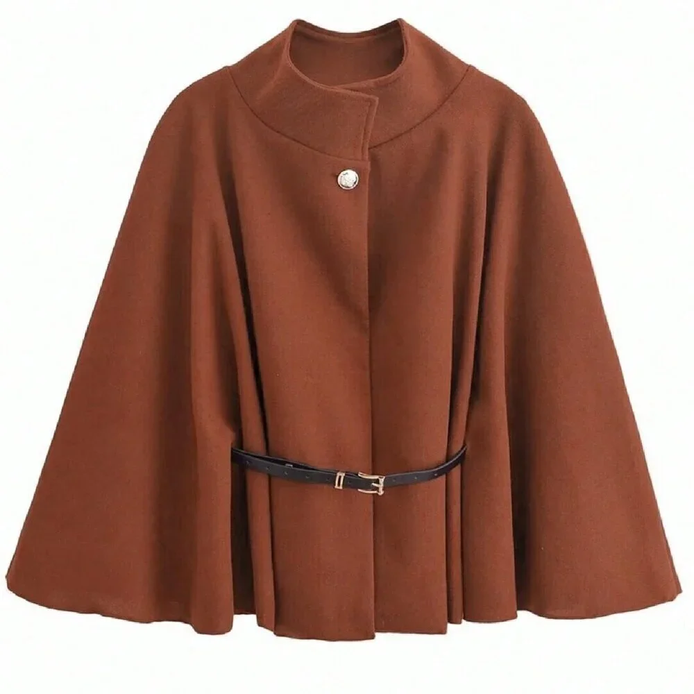 Brown Elegant Womens Stand Collar Loose Poncho Cloak Jacket